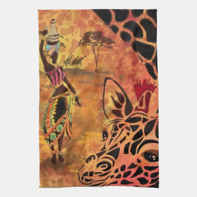 African Girl and Giraffe - Friends - Art Zeichn - Geschirrtuch (Vertikal)