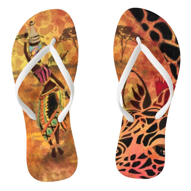African Girl and Giraffe - Friends - Kunst Zeichne Flip Flops (Fußbett)