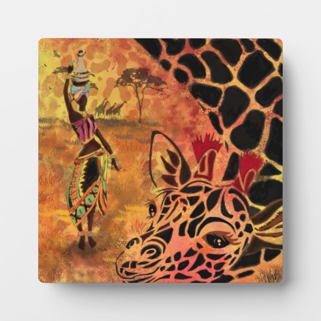 African Girl and Giraffe - Friends - Kunst Zeichne Fotoplatte (Vorderseite)