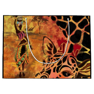 African Girl and Giraffe - Friends - Kunst Zeichne Große Geschenktüte