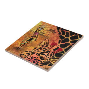 African Girl and Giraffe Keramik Tile Friends Fliese