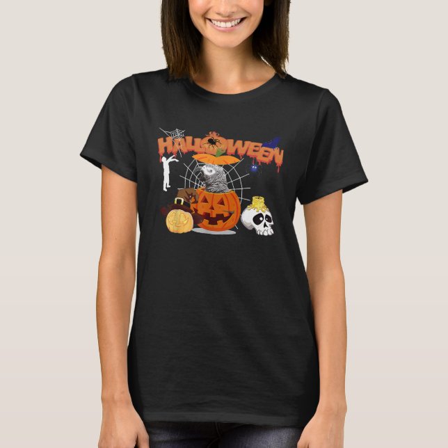 African Gray Parrot Pumpkin Hexe Zombie Halloween T-Shirt (Vorderseite)