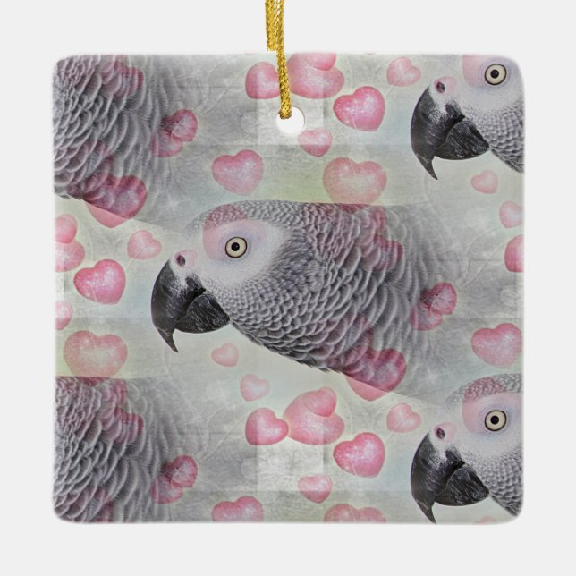 African Gray Puffy Hearts Keramikornament (Vorderseite)