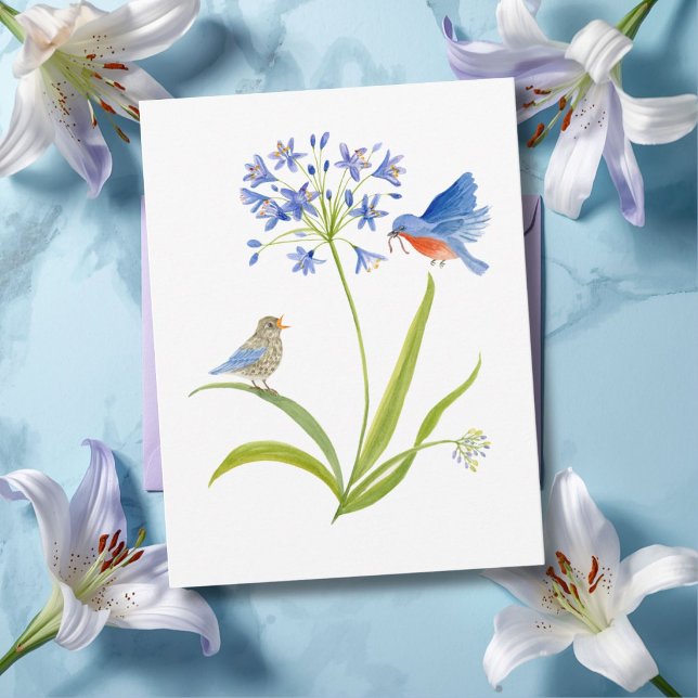 African Lily with Bluebird Mother and Baby Postkarte (Von Creator hochgeladen)
