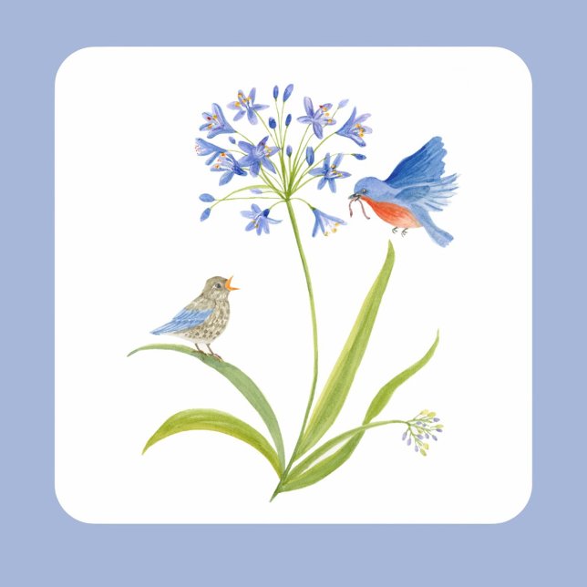 African Lily with Bluebird Mother and Baby Quadratischer Aufkleber (Von Creator hochgeladen)