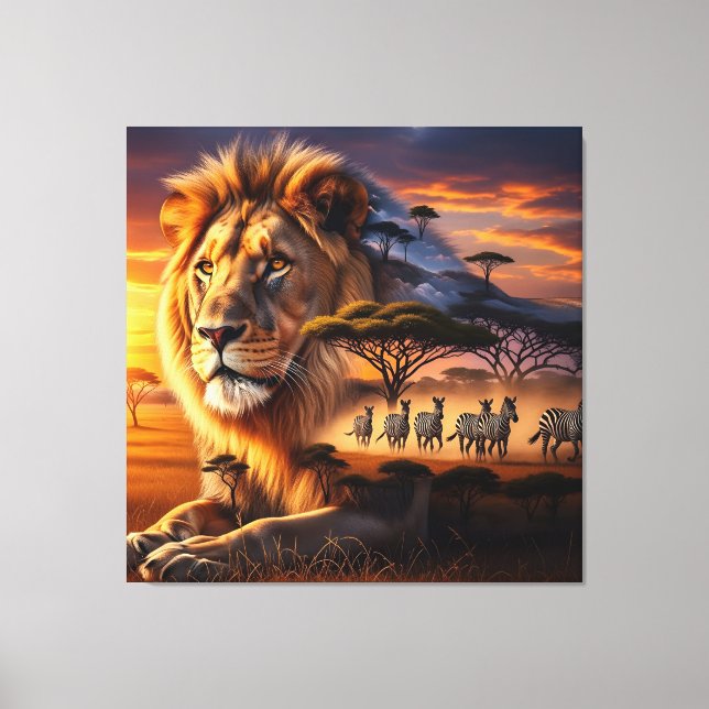 African Lion & Zebra Sunset Canvas Art Leinwanddruck (Vorderseite)