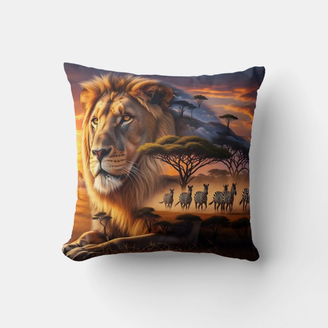 African Lion & Zebra Sunset Giraffe Pillow Kissen (Vorderseite)
