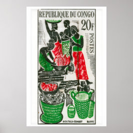 African Market Art Print Vintage Congo Postage Poster