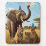 African Party Animals with Hats and Confetti Mousepad<br><div class="desc">An elephant wearing a birthday party hat is spraying colorful confetti in the savannah grass with lion, leopard, and tiger cubs</div>