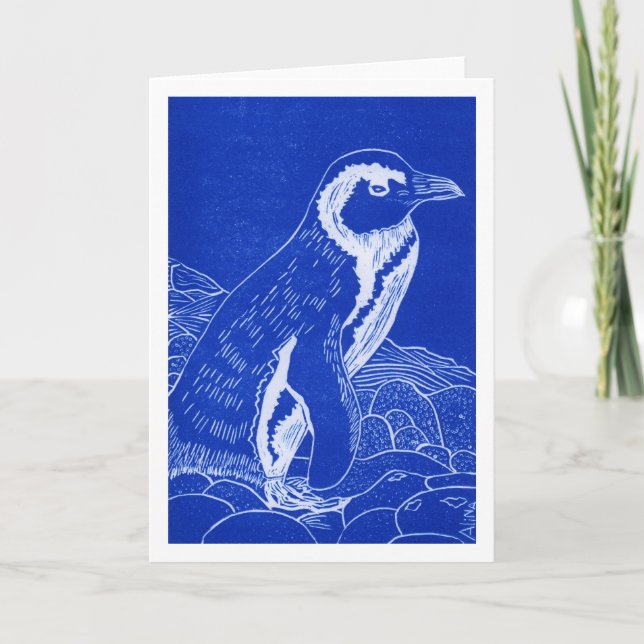African Penguin Blue Linocut Grußkarte Karte (Vorderseite)