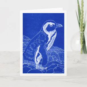 African Penguin Blue Linocut Grußkarte Karte