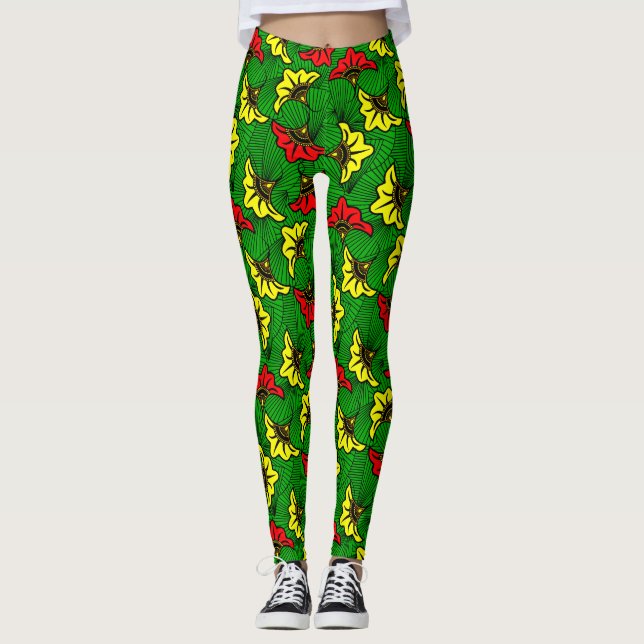 African Print Bold Ankara Floral Gemustert Leggings (Vorderseite)