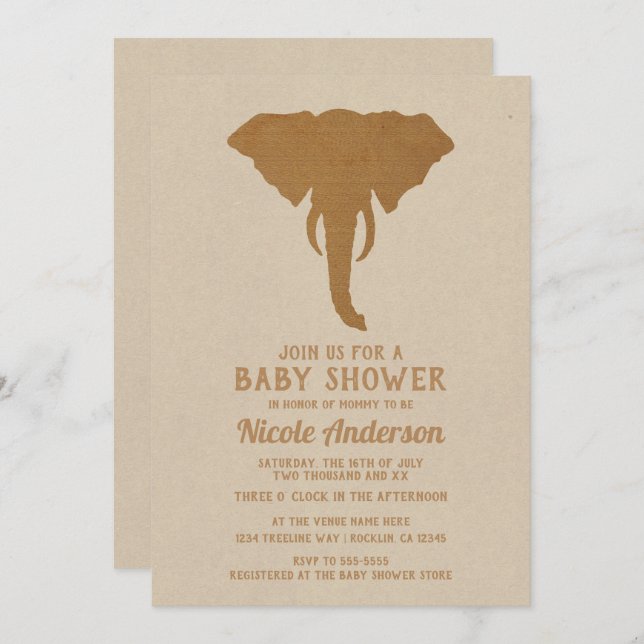 African Safari Brown Elephant Vintag Baby Shower Einladung (Vorne/Hinten)