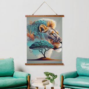 African Safari Lion Head Wandteppich Mit Holzrahmen