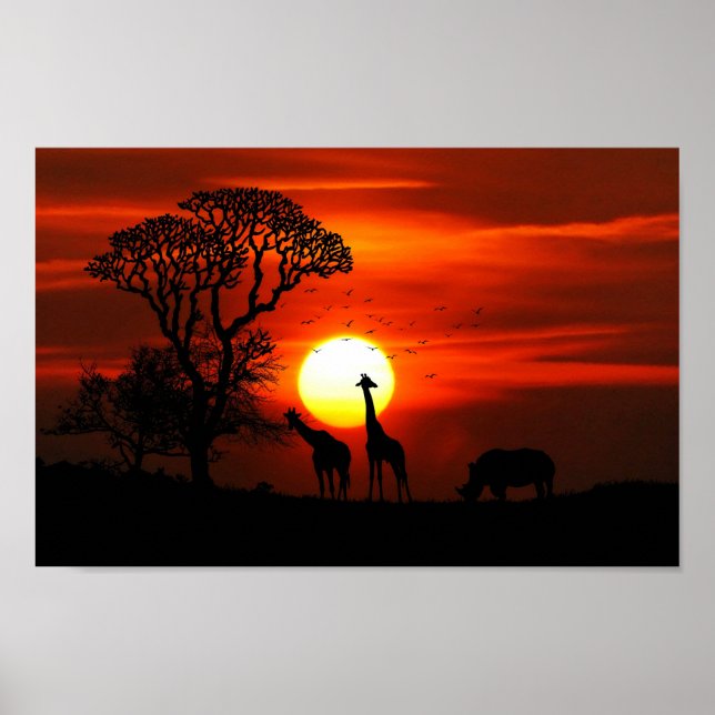 African Safari Sunset Animal Silhouetten Poster (Vorne)