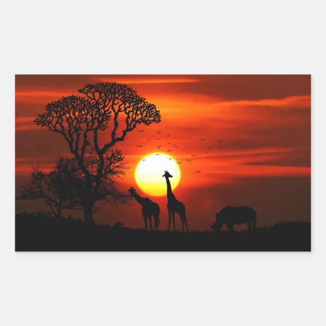 African Safari Sunset Animal Silhouetten Rechteckiger Aufkleber (Vorderseite)