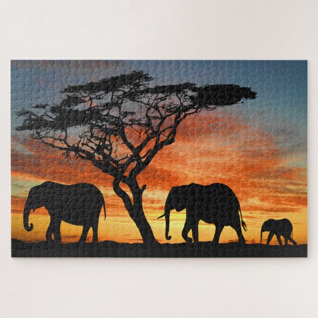 African Safari Sunset Elephant Silhouette Art Puzzle (Horizontal)