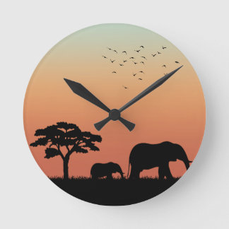 African Safari Sunset Elephant Silhouette Runde Wanduhr