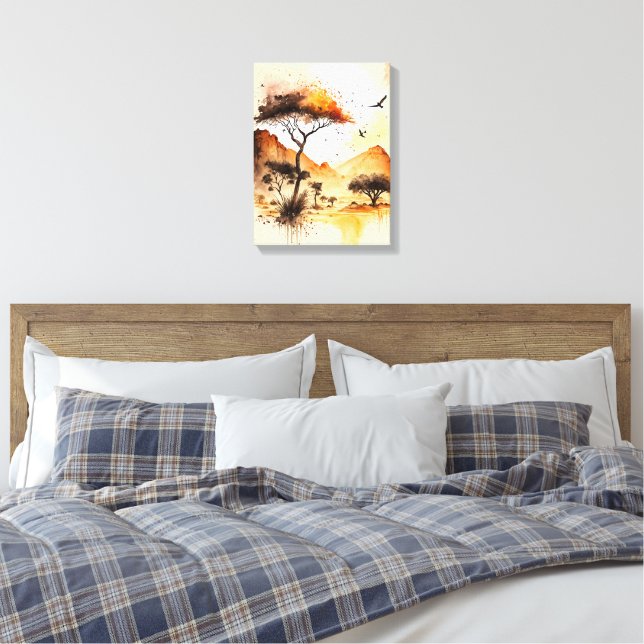 African Safari Sunset Watercolor mit Acacia Tree Leinwanddruck (Insitu (Schlafzimmer))