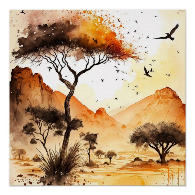 African Safari Sunset Watercolor mit Acacia Tree Poster (Vorderseite)