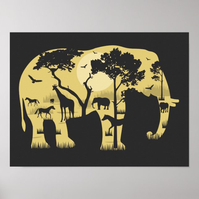 African Savanah Elephant Acacia Tree Sunset Nature Poster (Vorne)
