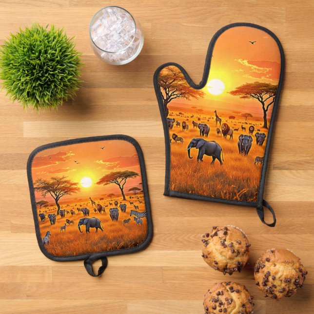 African Savanna Sunset Art Ofenhandschuh & Topflappen-Set (Oben Unten)