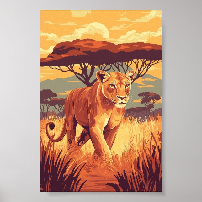 African Savannah Lion - Wildlife Sunset Art Poster (Vorne)