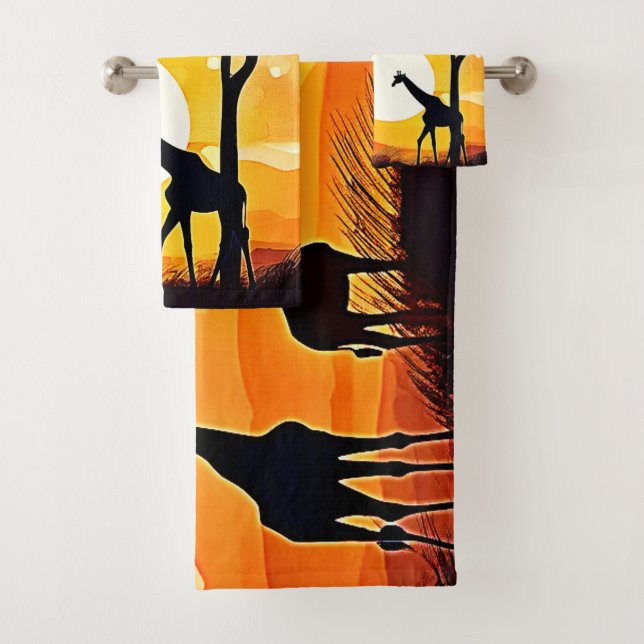 African Savannah Sunset Giraffe Scene Badhandtuch Set (Insitu)
