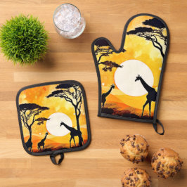 African Savannah Sunset Giraffe Scene Ofenhandschuh & Topflappen-Set