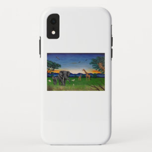 "African Sunset" Elephant Giraffe Art Phone Case