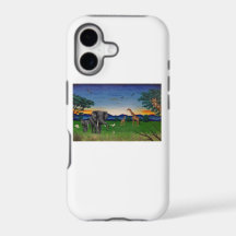 "African Sunset" Elephant Giraffe Art Phone Case