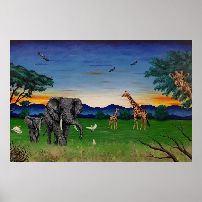 "African Sunset" Elephant Giraffe Art Poster Print (Vorne)