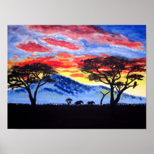 African Sunset Safari Animal Silhouette Malerei Poster