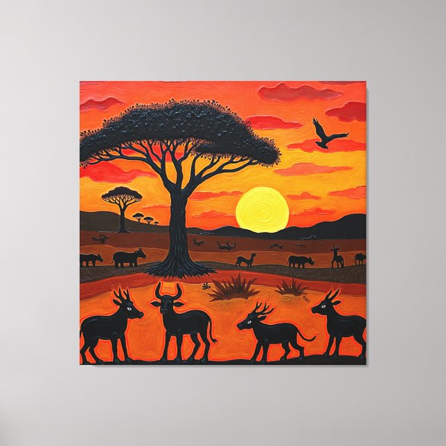 African Sunset Safari Art – Vibrant Wildlife Silho Leinwanddruck (Vorderseite)