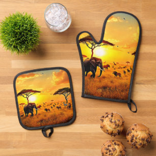 African Sunset Safari Majestät Design Ofenhandschuh & Topflappen-Set