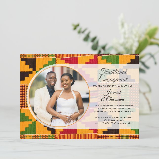 African TRADITIONAL ENGAGEMENT Ghana Kente  Einladung (Stehend Vorderseite)