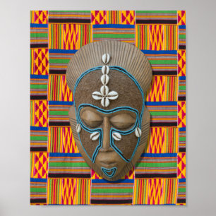 African Tribal Mask Cowrie Muscheln Orange Green P Poster