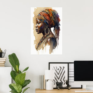 African Tribal Watercolor Portrait Wand an Wand Poster