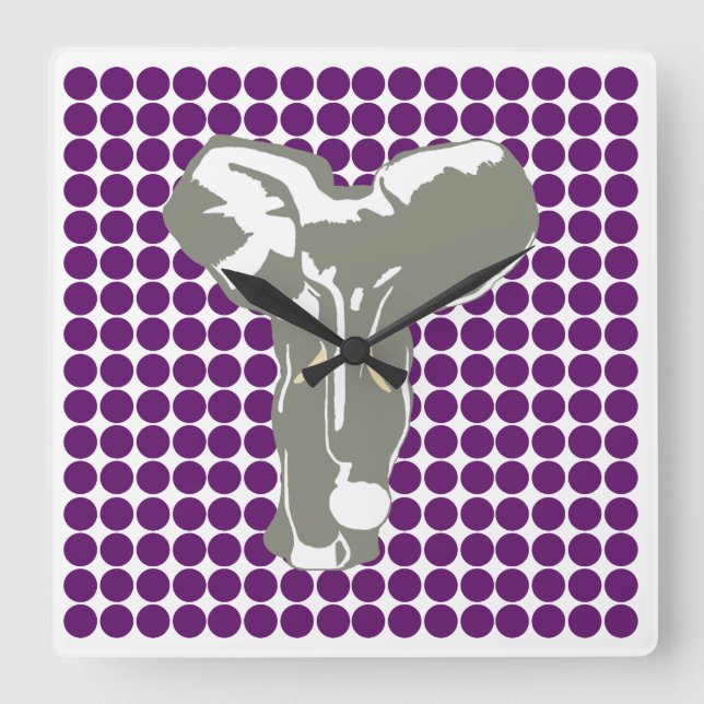 African Violet Safari Dot mit Pop Art Elephant Quadratische Wanduhr (Vorderseite)