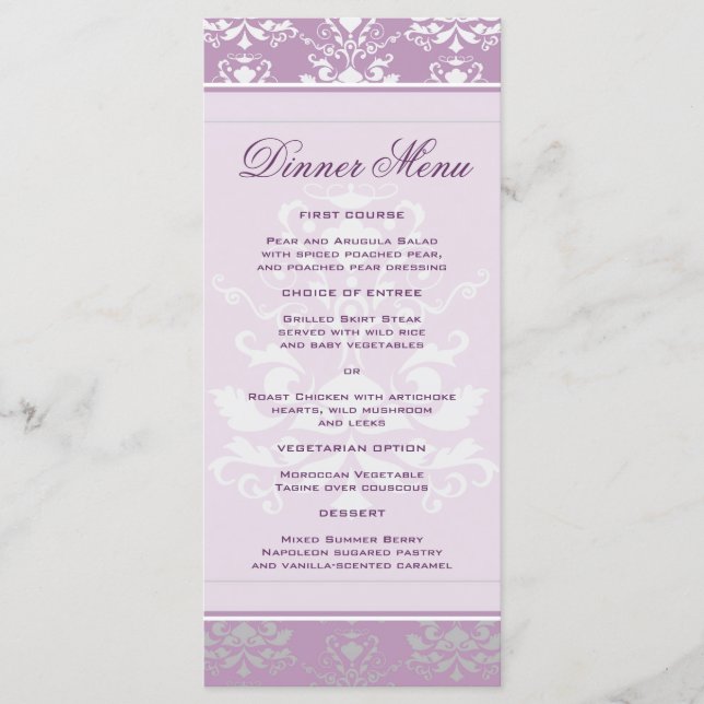 African Violet & Silver Damask Slim Dinner Menu Menükarte (Vorderseite)