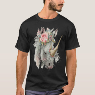 African Watercolor Rhinozeros Blume Crown Safari T-Shirt