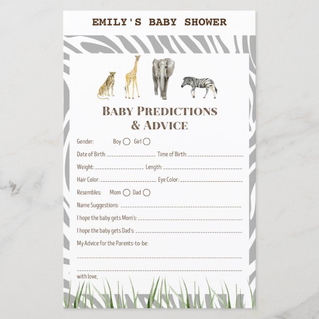 African Wild Baby Shower Game PRINTED (Vorderseite)
