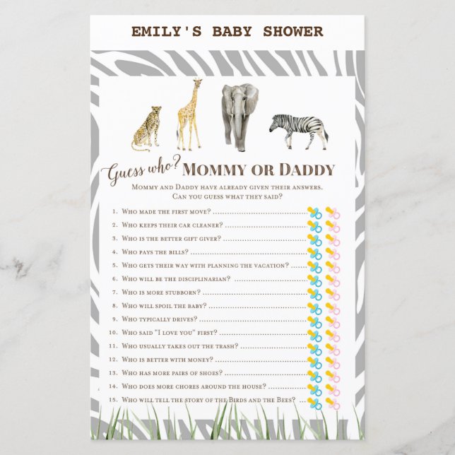 African Wild Baby Shower Game PRINTED (Vorderseite)