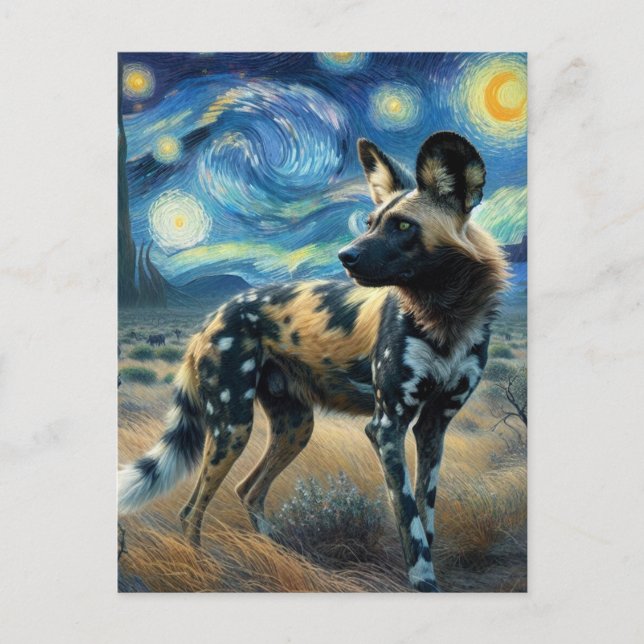 African Wild Dog Starry Night Van Gogh Postkarte (Vorderseite)