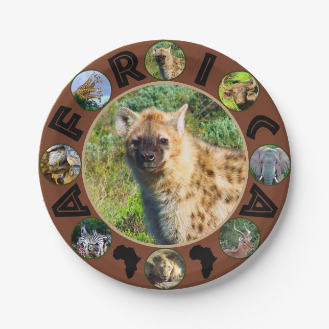 African Wildlife Circle Collage Gepunktet Hyena Pappteller (Vorderseite)