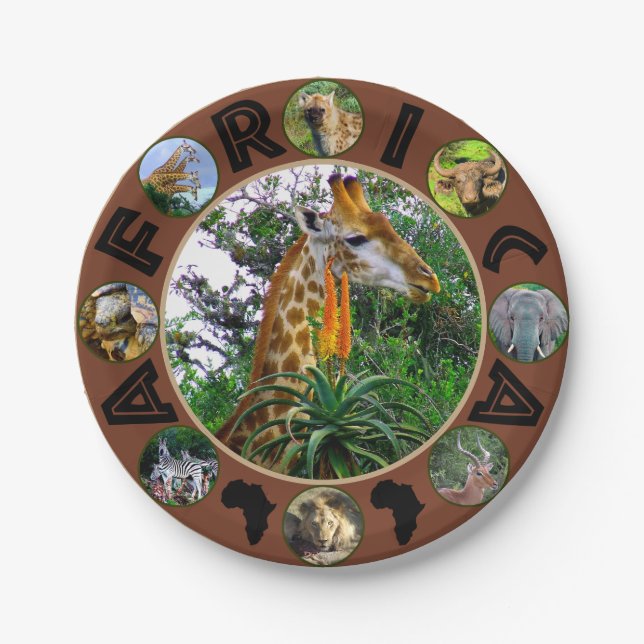 African Wildlife Circle Collage Giraffe Aloe Pappteller (Vorderseite)