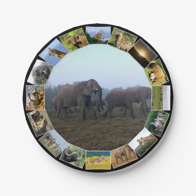 African Wildlife Foto Collage Elephant Herd Mist Pappteller (Vorderseite)