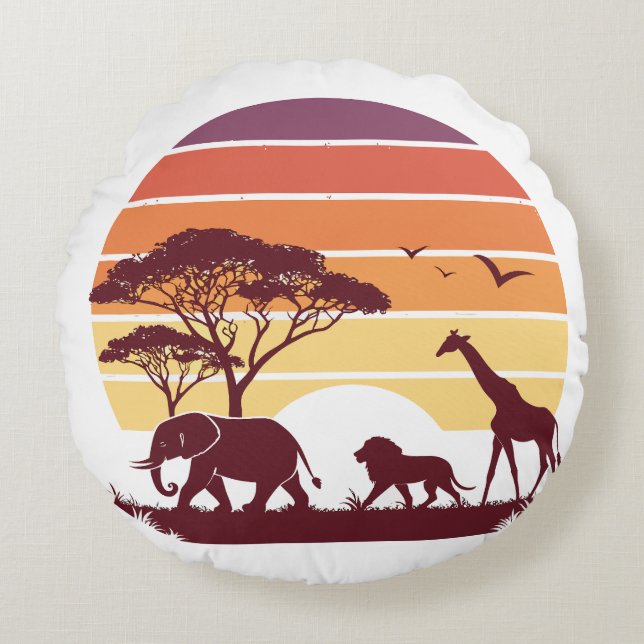 African Wildlife Silhouette Safari Design Rundes Kissen (Vorderseite)