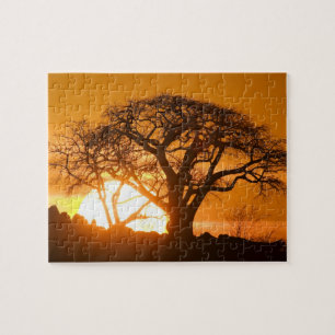 Afrika, Botsuana, Sonnenuntergang Silhouetten Baob Puzzle