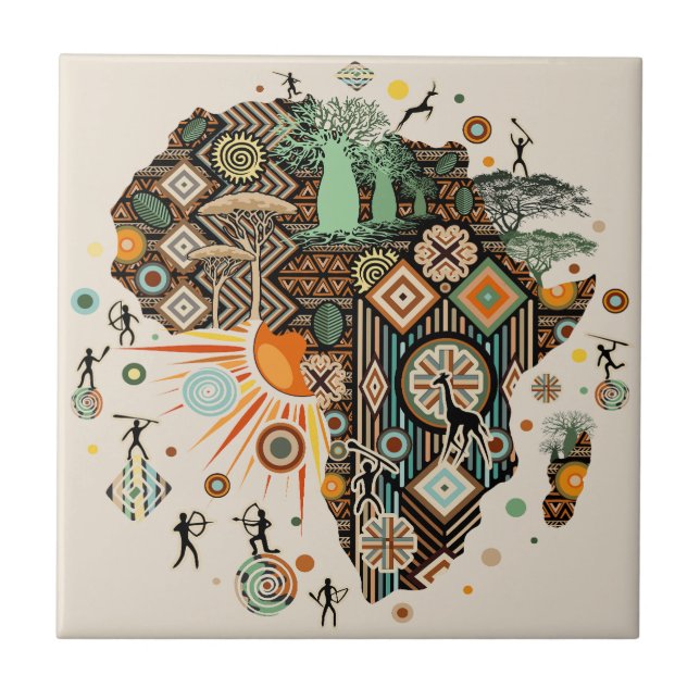 Afrika-Karte Dekorative Stammes-Elemente Muster Fliese (Vorderseite)
